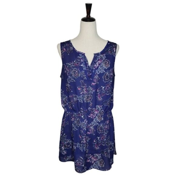 Ricki's Navy Blue Floral Split Neck Elastic Waist Sleeveless Dress Size L - Picture 1 of 7